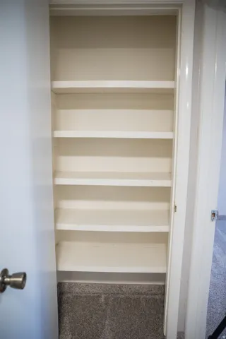 Built-in shelving unit featuring multiple fixed shelves, white painted finish, and carpeted floor base