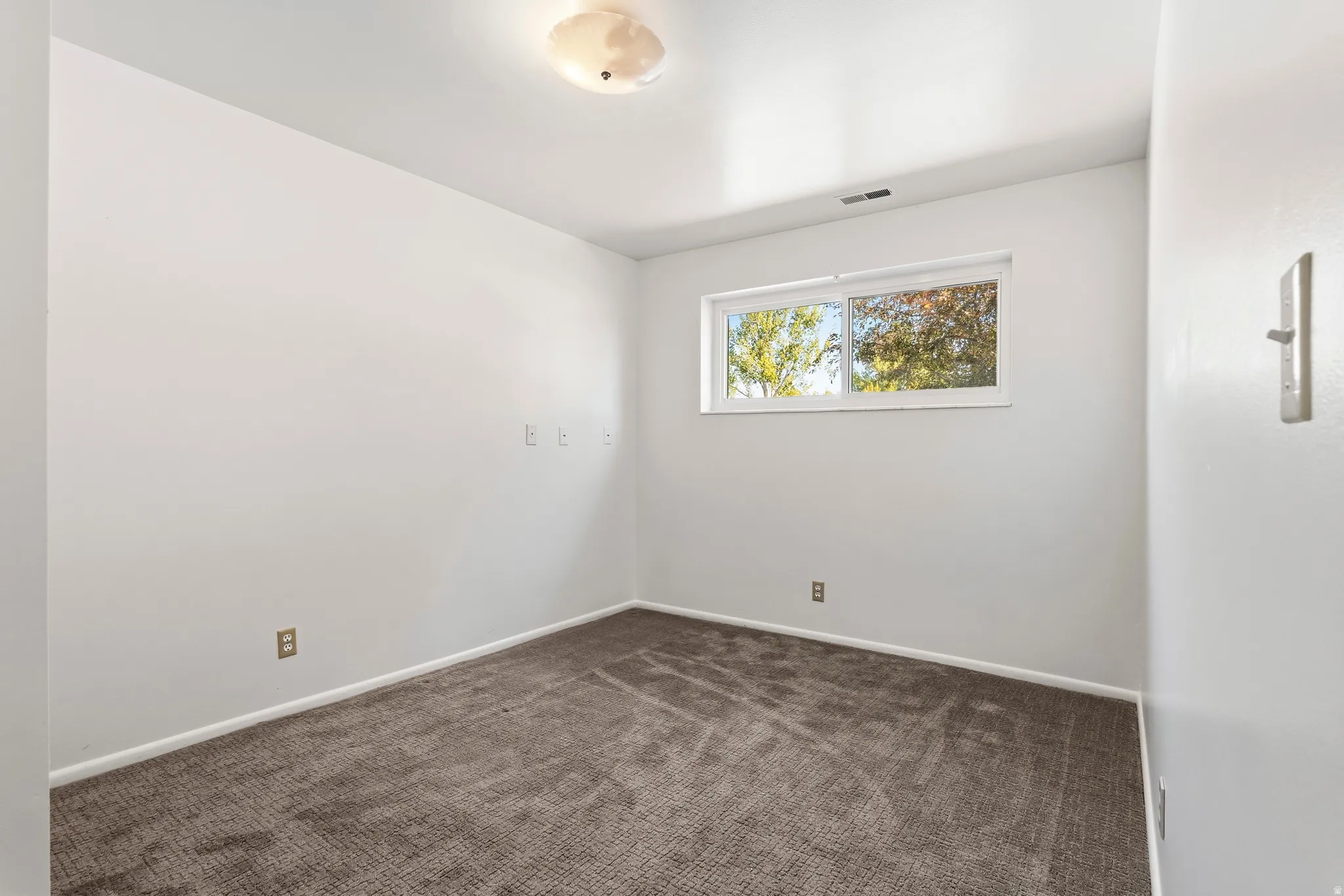 Spacious room featuring neutral carpeting, white walls, a single window, and an overhead flush-mount light fixture