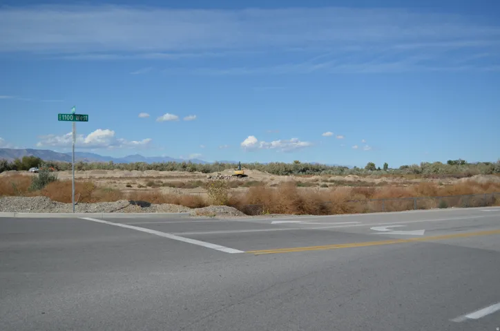 Expansive undeveloped land featuring natural desert vegetation, a clear blue sky, and distant mountains