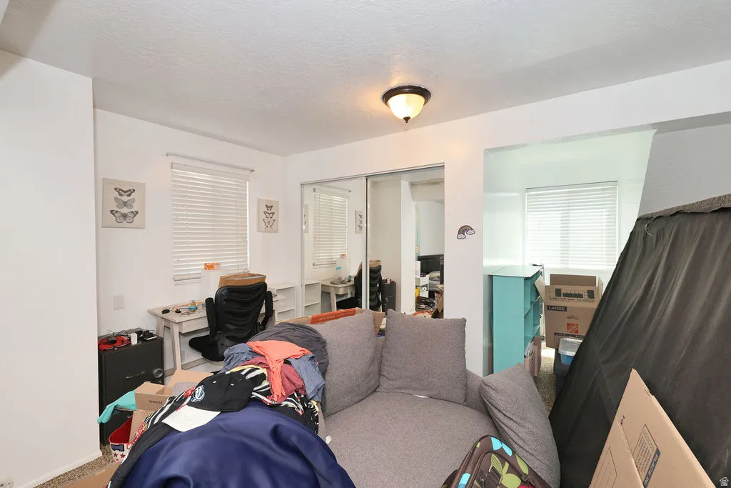 Bright interior room featuring white walls, two windows with horizontal blinds, and a built-in closet with mirrored sliding doors