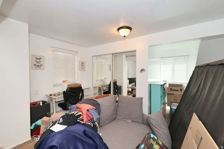Bright interior room featuring white walls, two windows with horizontal blinds, and a built-in closet with mirrored sliding doors