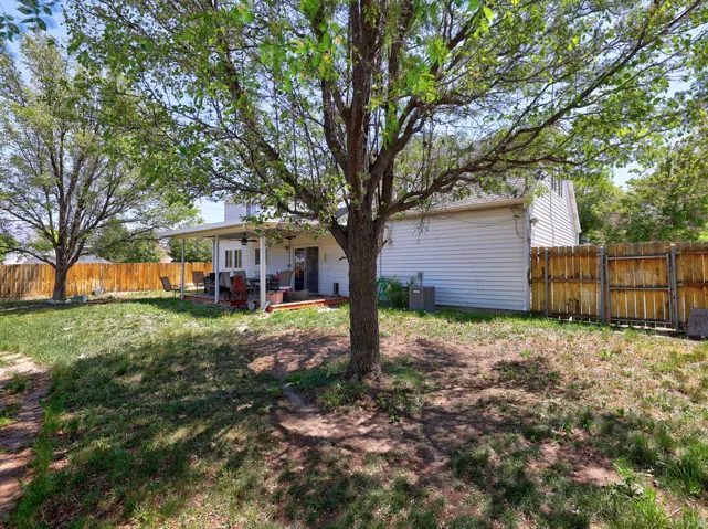 Expansive backyard featuring a large mature shade tree and a covered patio area