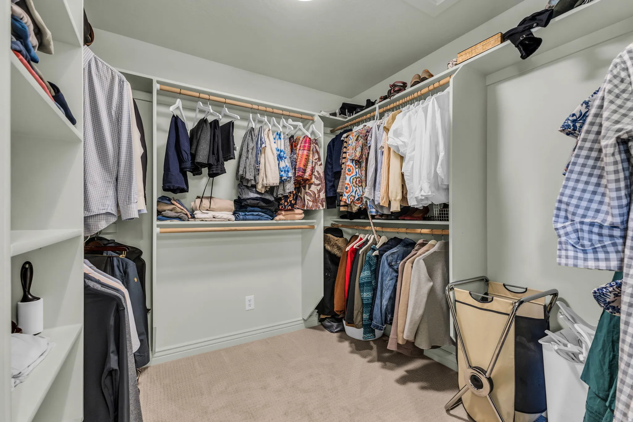 Walk-in primary closet featuring white built-in shelving
