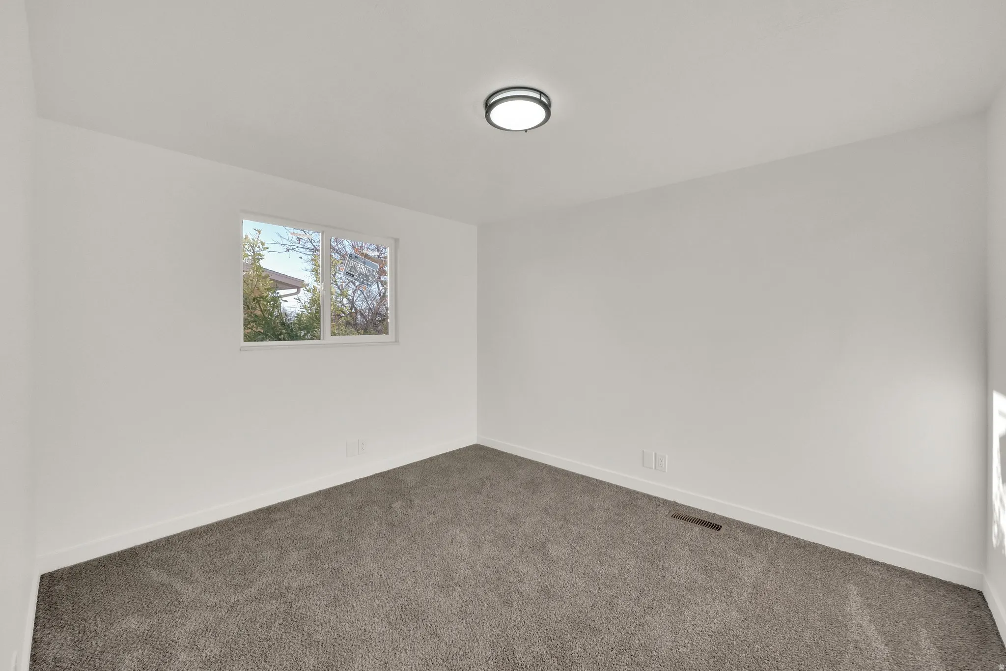 Room featuring plush gray carpeting, white painted walls, and white trim