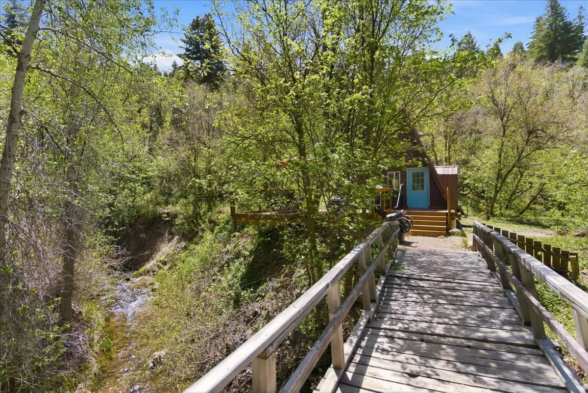 Wood bridge entrance to a wooded A-frame property featuring a vivid blue door, a small porch, and a surrounding natural landscape with mature trees and a creek
