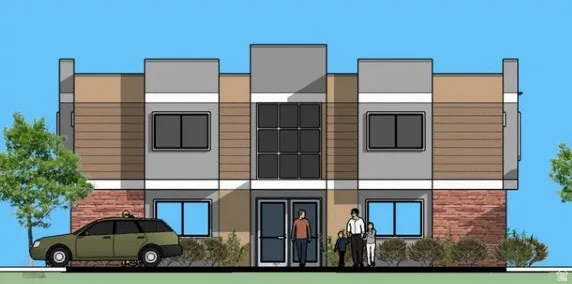 Architectural rendering illustrating the exterior facade of the property.