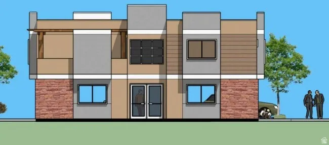 Architectural rendering illustrating the exterior facade of the property.