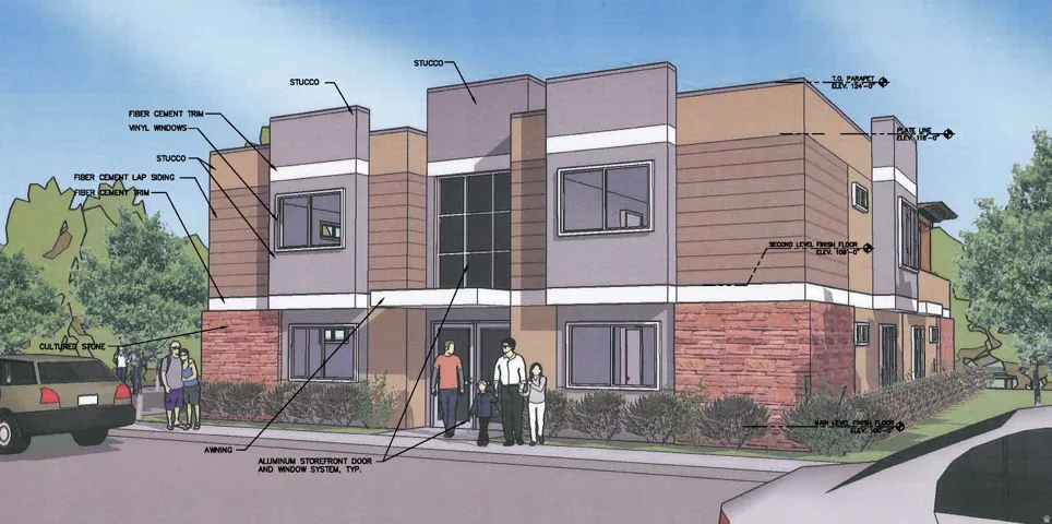 Architectural rendering illustrating the exterior facade of the property.