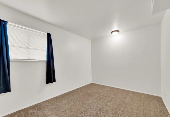 Room featuring light brown carpeting, white walls, a single window with blinds, and an overhead flush-mount light fixture