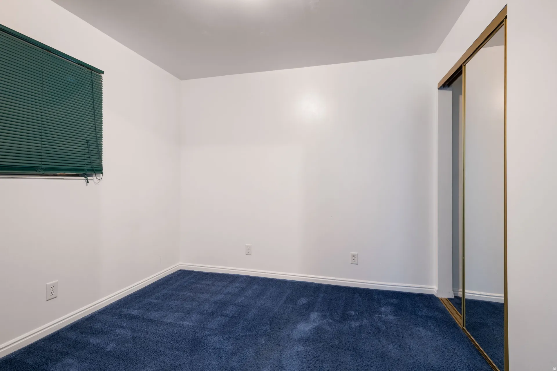 Room featuring white walls, blue carpet flooring, a window with green horizontal blinds, and a mirrored closet door with a gold-tone frame