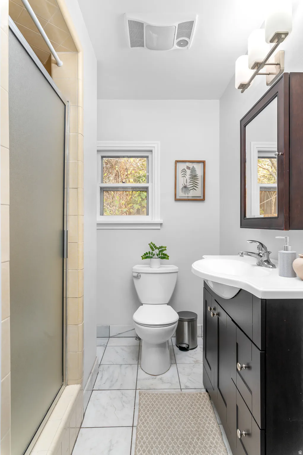 Bathroom featuring a white toilet, a frosted glass shower enclosure, and a dark wood-finish vanity with an integrated sink