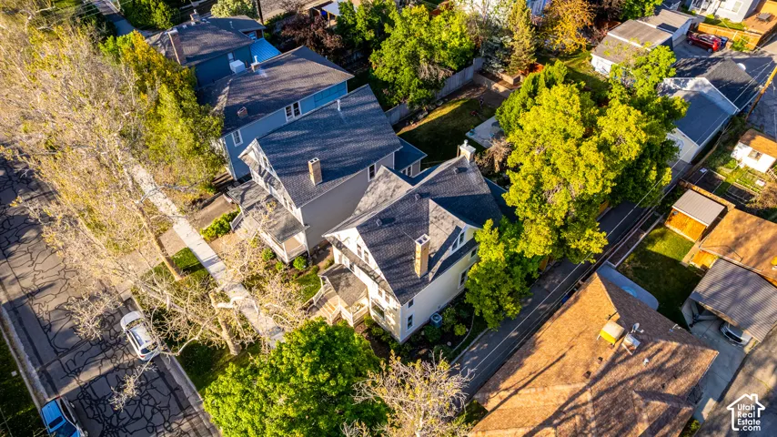 Aerial perspective highlighting the property's roofline, featuring a dormer window and two brick chimneys
