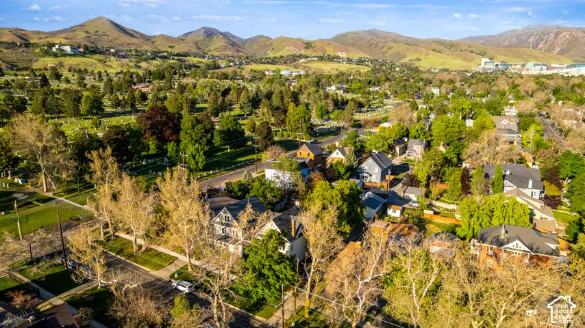 Residential area featuring mature trees and a distant mountain landscape