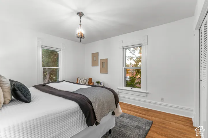 Hardwood flooring, two windows with decorative trim, white walls, and a ceiling-mounted light fixture