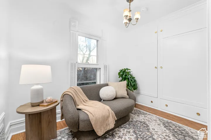 Built-in white cabinetry with brass knob hardware, wood-finish flooring, white window shutters, and a brass chandelier
