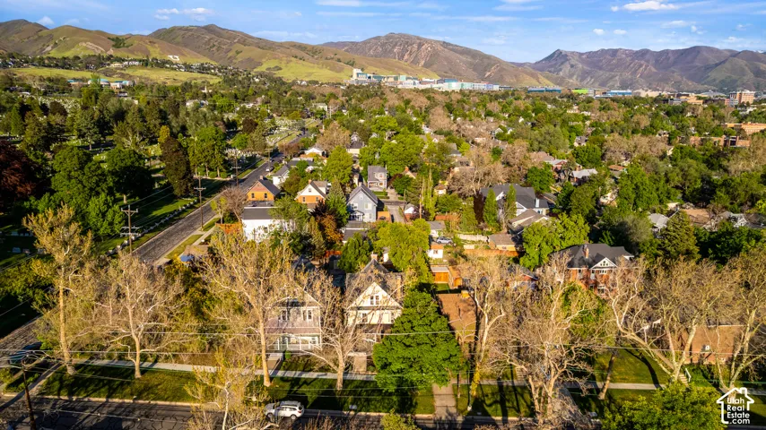 Neighborhood of residential properties with mature landscaping and distant mountain range