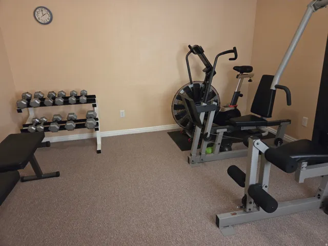 Carpeted room with neutral wall color and white baseboards