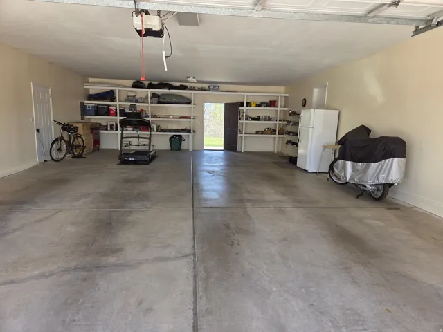 Spacious garage featuring concrete flooring, built-in shelving, an overhead garage door opener, and a side entry door