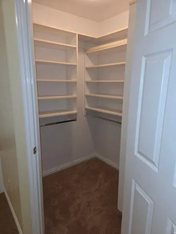 Walk-in closet featuring built-in white shelving, integrated hanging rods, recessed lighting, and soft brown carpeting
