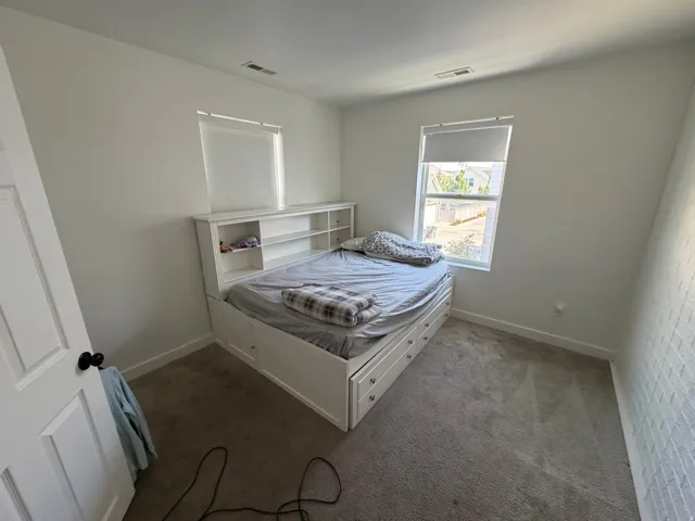 Carpeted room featuring two windows with roller shades, white painted walls, and a white interior door with dark hardware