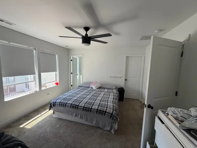 Carpeted room with a black ceiling fan, two windows with roller shades, and two paneled doors