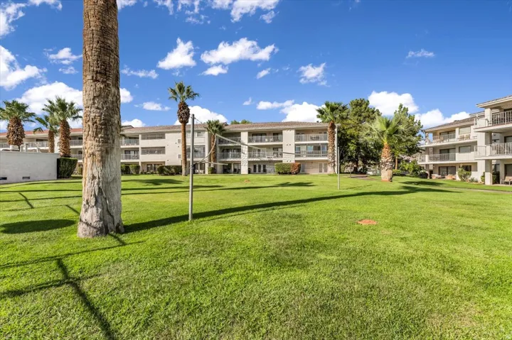 Expansive green lawn with mature palm trees and multi-story buildings featuring balconies