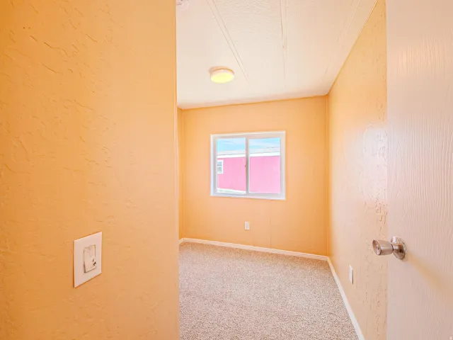 Room featuring textured orange walls, a white framed window, and light-colored carpet flooring