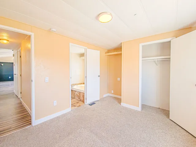 Carpeted room with a ceiling light fixture, two open closets featuring shelving, and a doorway revealing a tiled bathroom with a built-in tub