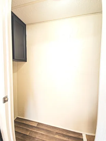 Compact storage area featuring a dark wood-finish cabinet, neutral wall tones, and wood-finish flooring