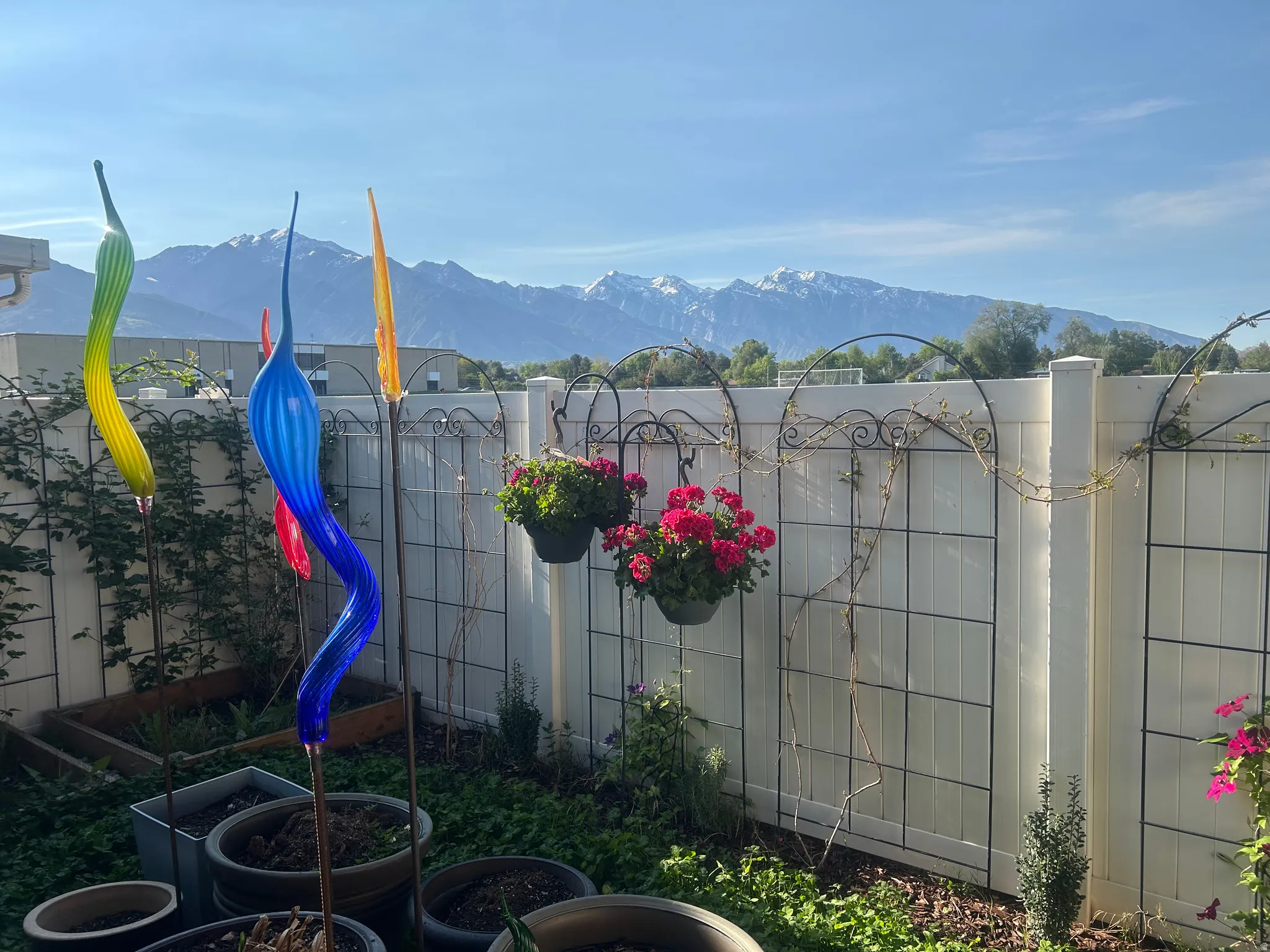 Backyard space featuring a white vinyl fence with decorative metal trellises, hanging planters with red flowers, and a mountain backdrop. Great gate to the field, walking dogs is easy!