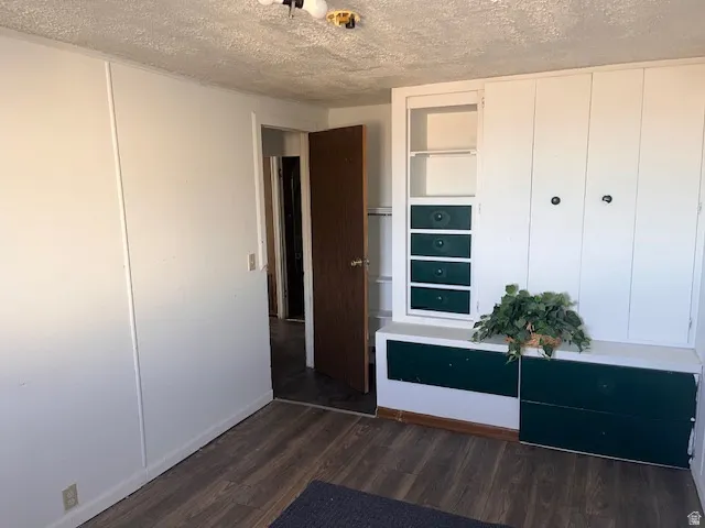 Built-in white storage cabinetry featuring dark green drawer faces and shelving