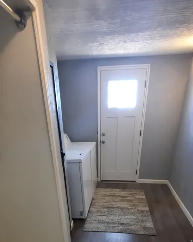 Utility area featuring a white four-panel exterior door with a square window, dark wood-finish flooring, and light gray wall paint