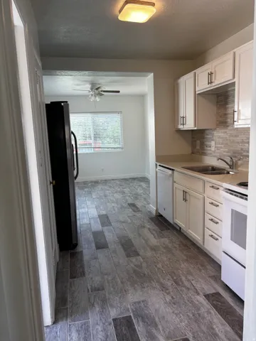 Kitchen featuring wood-finish flooring, white cabinetry, a light-toned backsplash, and a double-basin sink