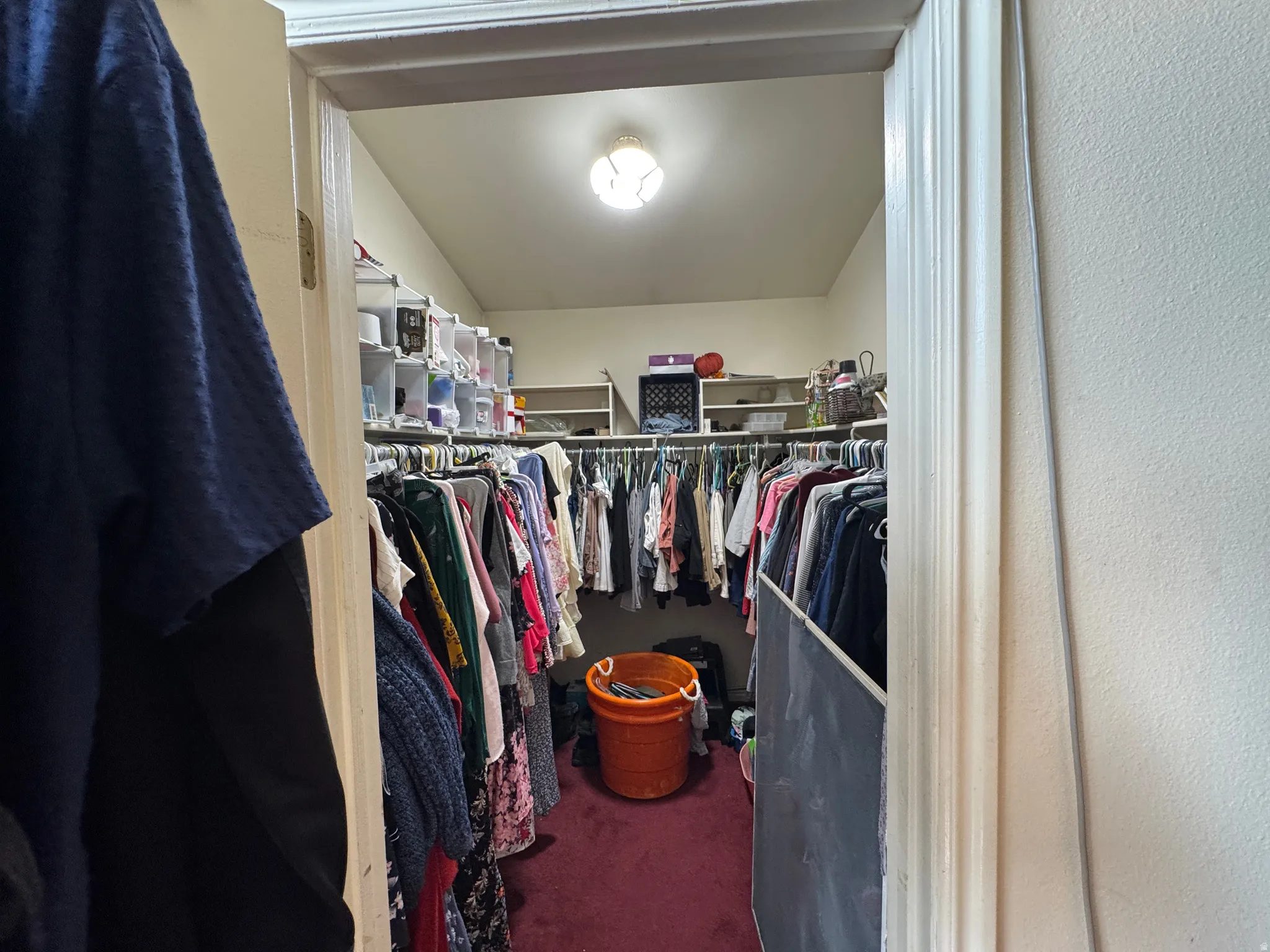 Walk-in closet with ample hanging space, built-in shelving, sloped ceiling, and overhead lighting