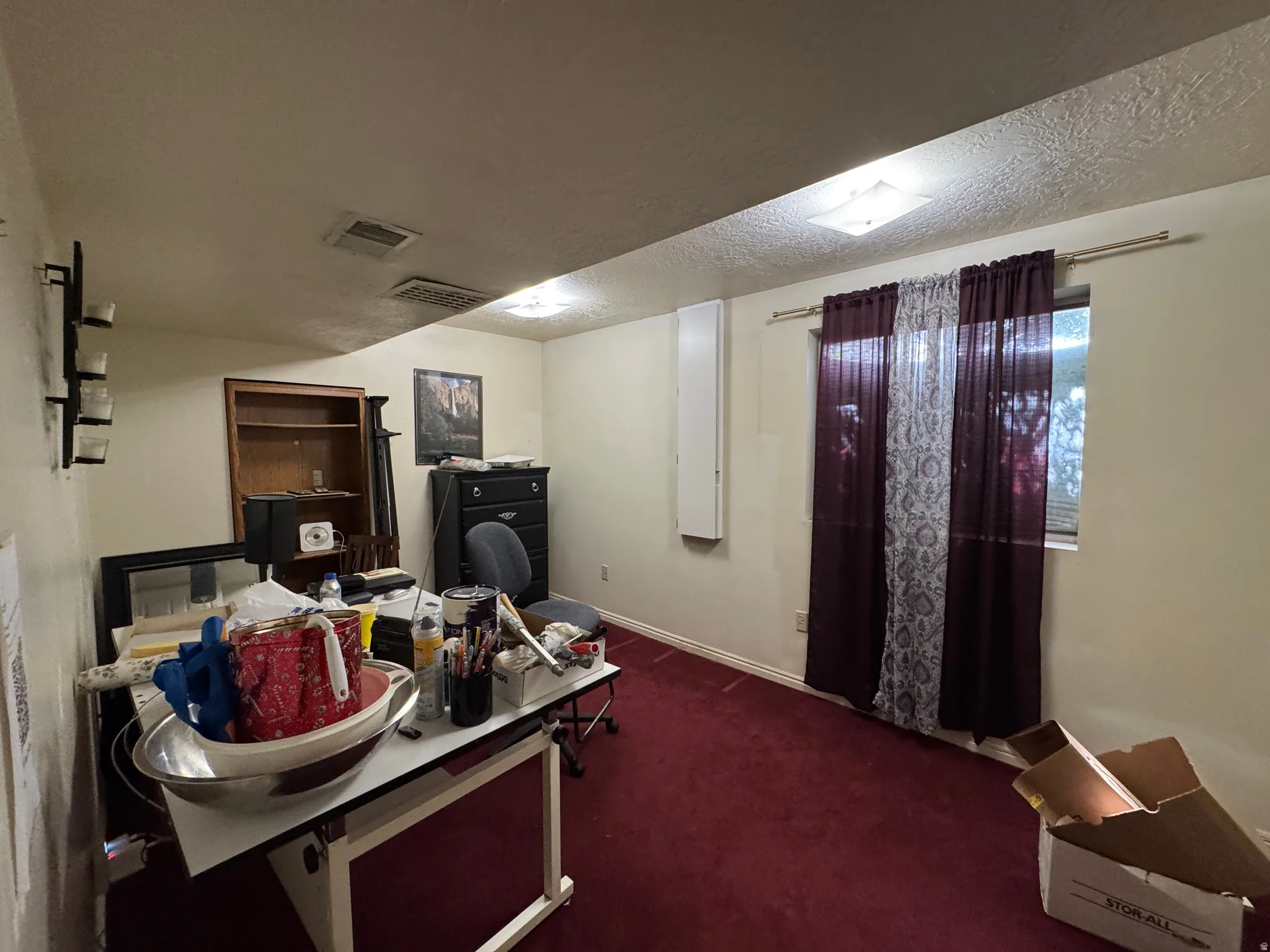 Room featuring red carpeting, light-toned walls, and a window with blinds and sheer curtains