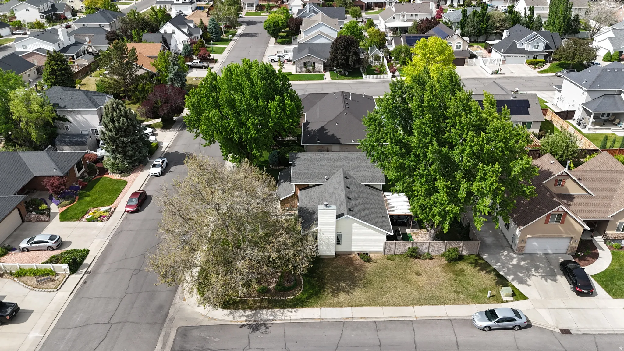 Aerial perspective showcasing a residential neighborhood with a mix of single-family homes, mature trees, and paved streets