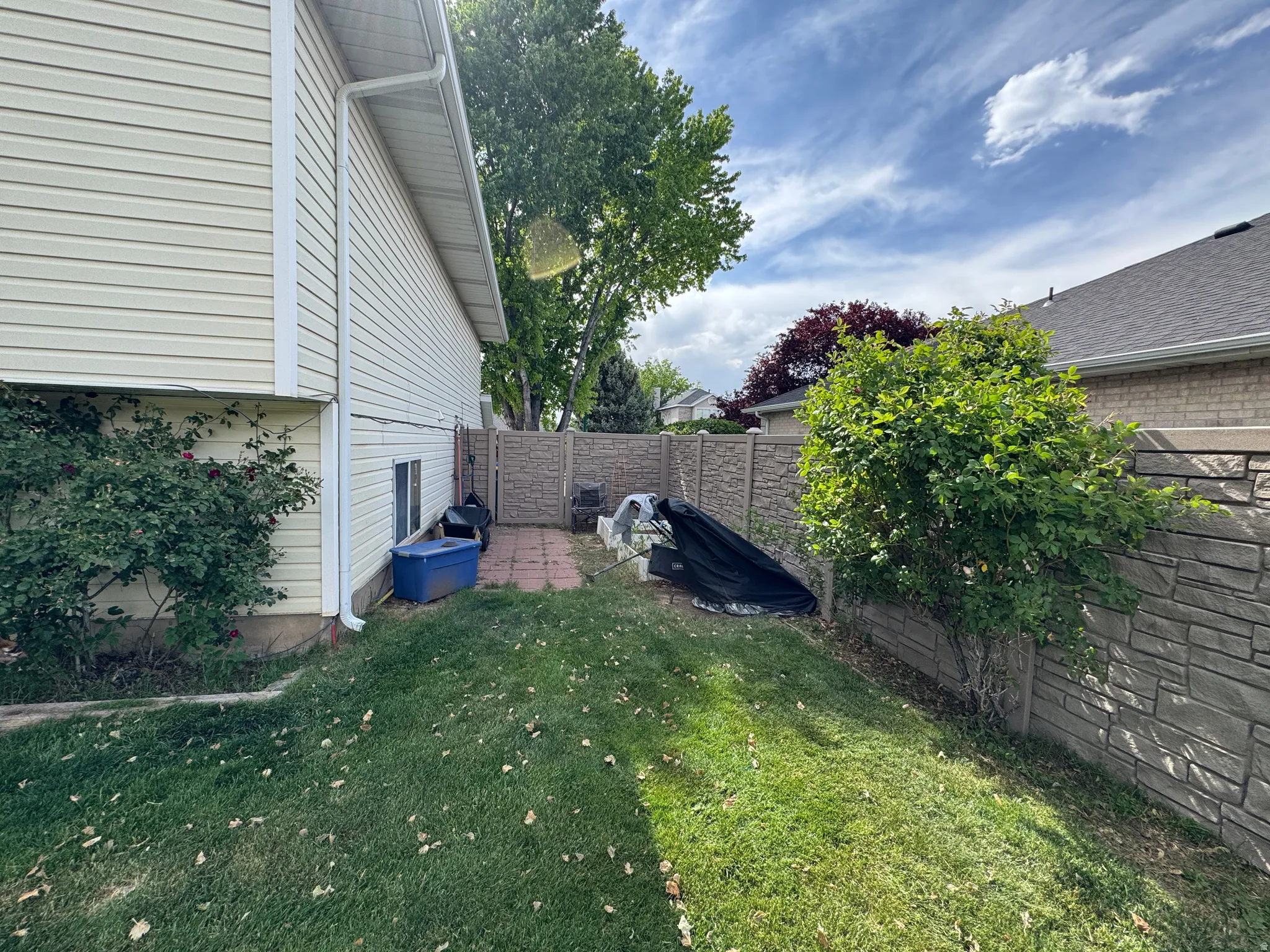 Expansive side yard featuring a manicured lawn area and mature landscaping