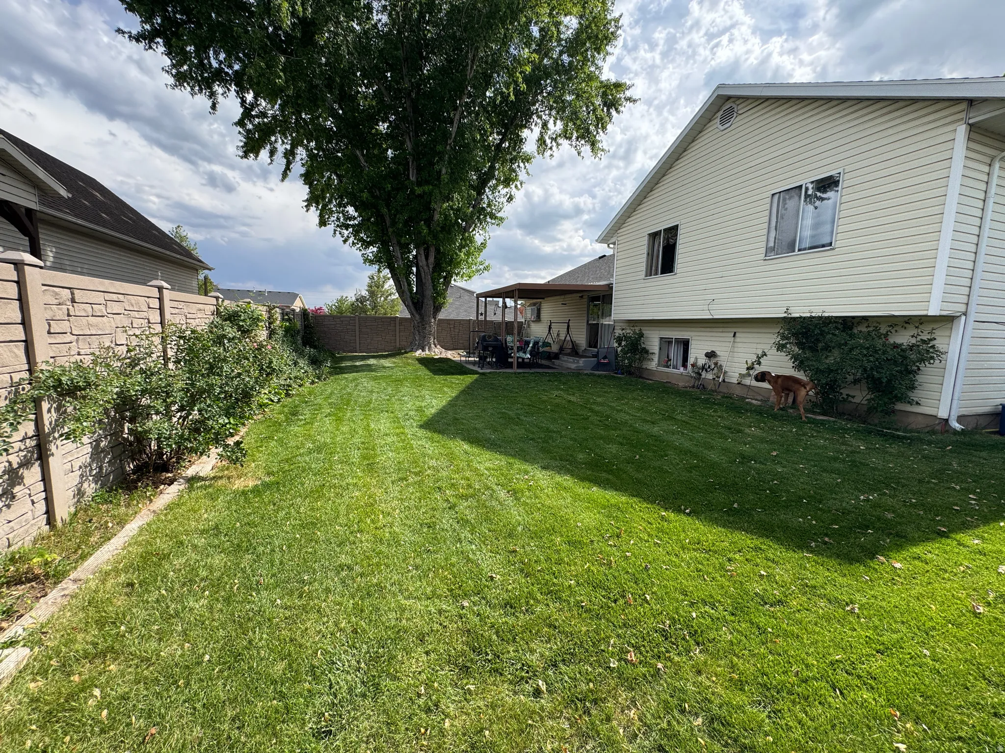 Expansive grassy yard with mature trees and a stone-style retaining wall