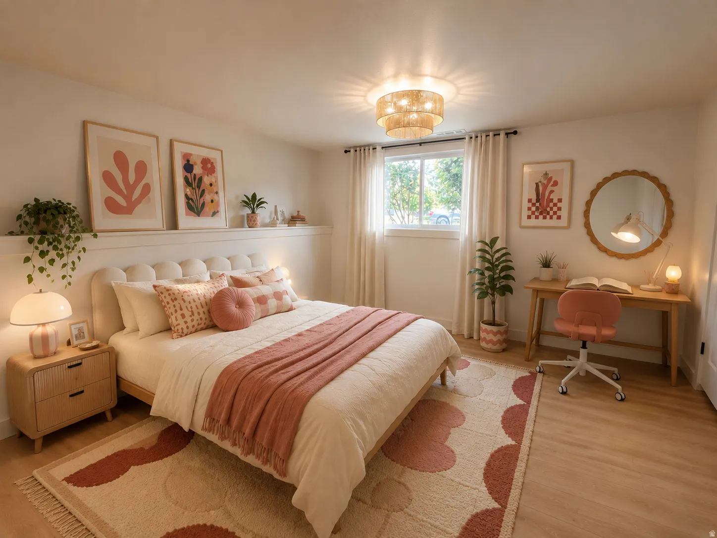 Bedroom 4 in basement featuring wood-finish flooring, a contemporary layered chandelier, and a window with natural light