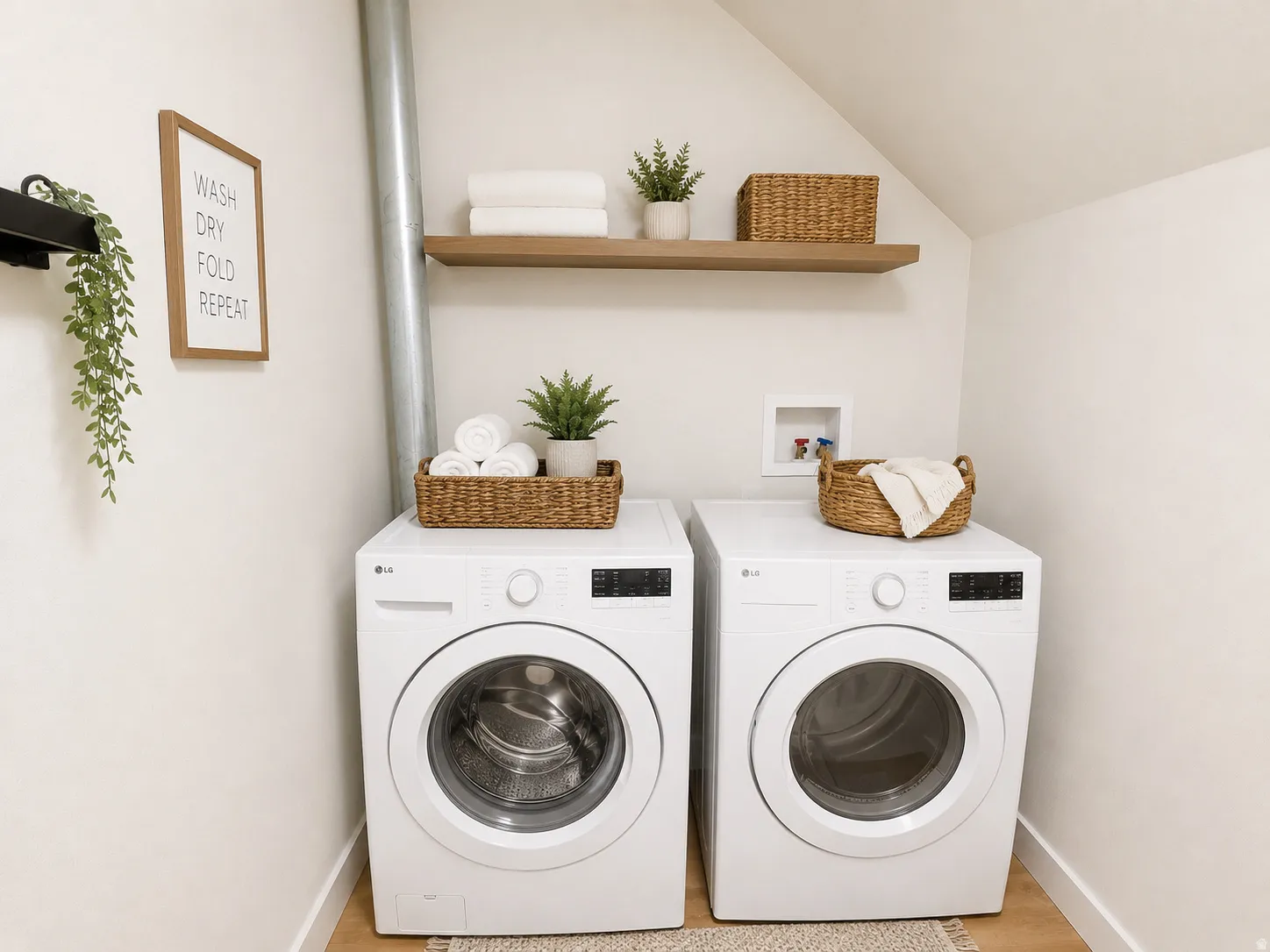 Dedicated laundry area featuring a sloped ceiling and light wood-finish flooring