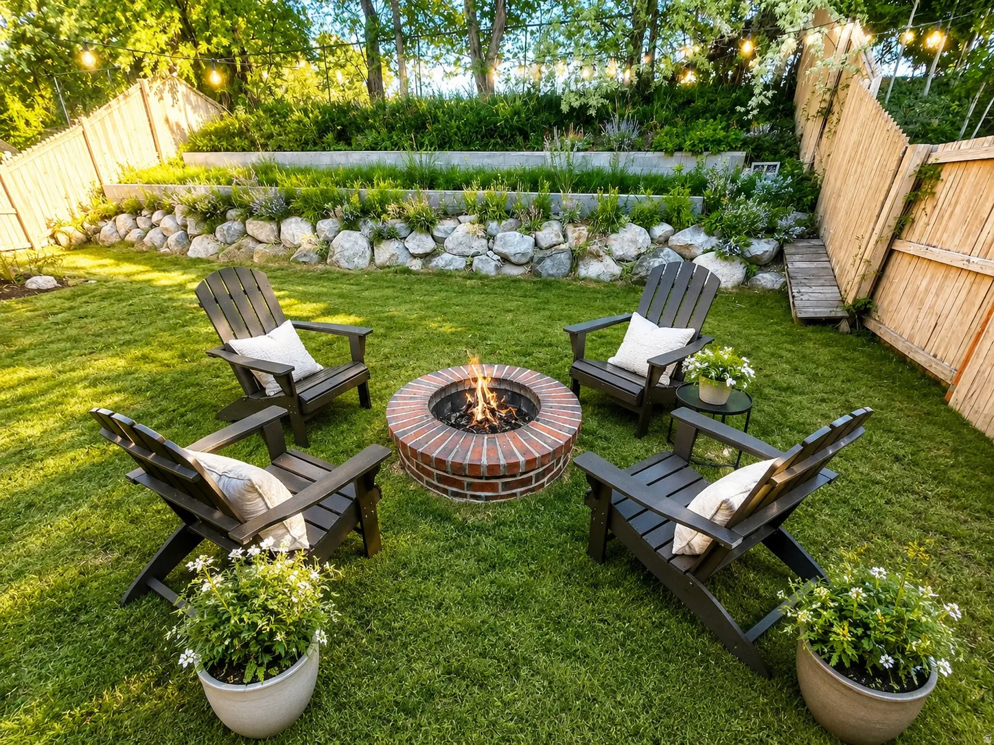 Backyard featuring a cozy brick-ringed fire pit, tiered landscaping with stone accents, mature perimeter trees, and a wood privacy fence--virtually staged