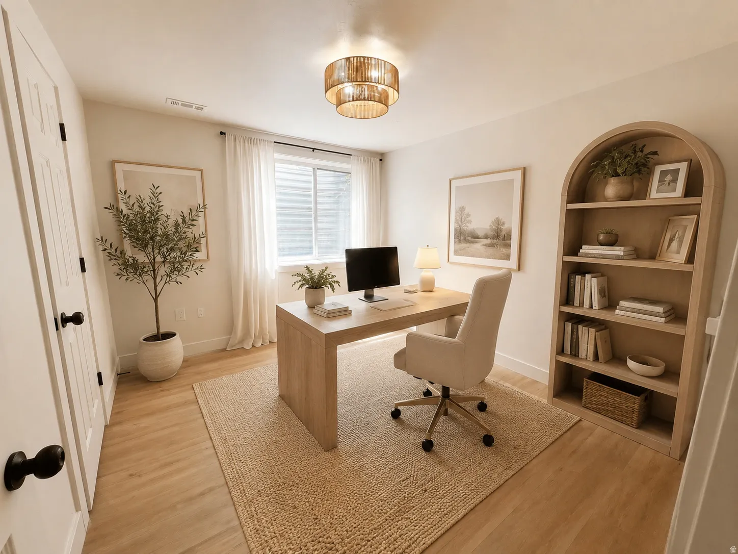 Dedicated room featuring wood-finish flooring, a contemporary semi-flush mount light fixture, a large window with privacy blinds, and a built-in arched bookshelf--virtually staged