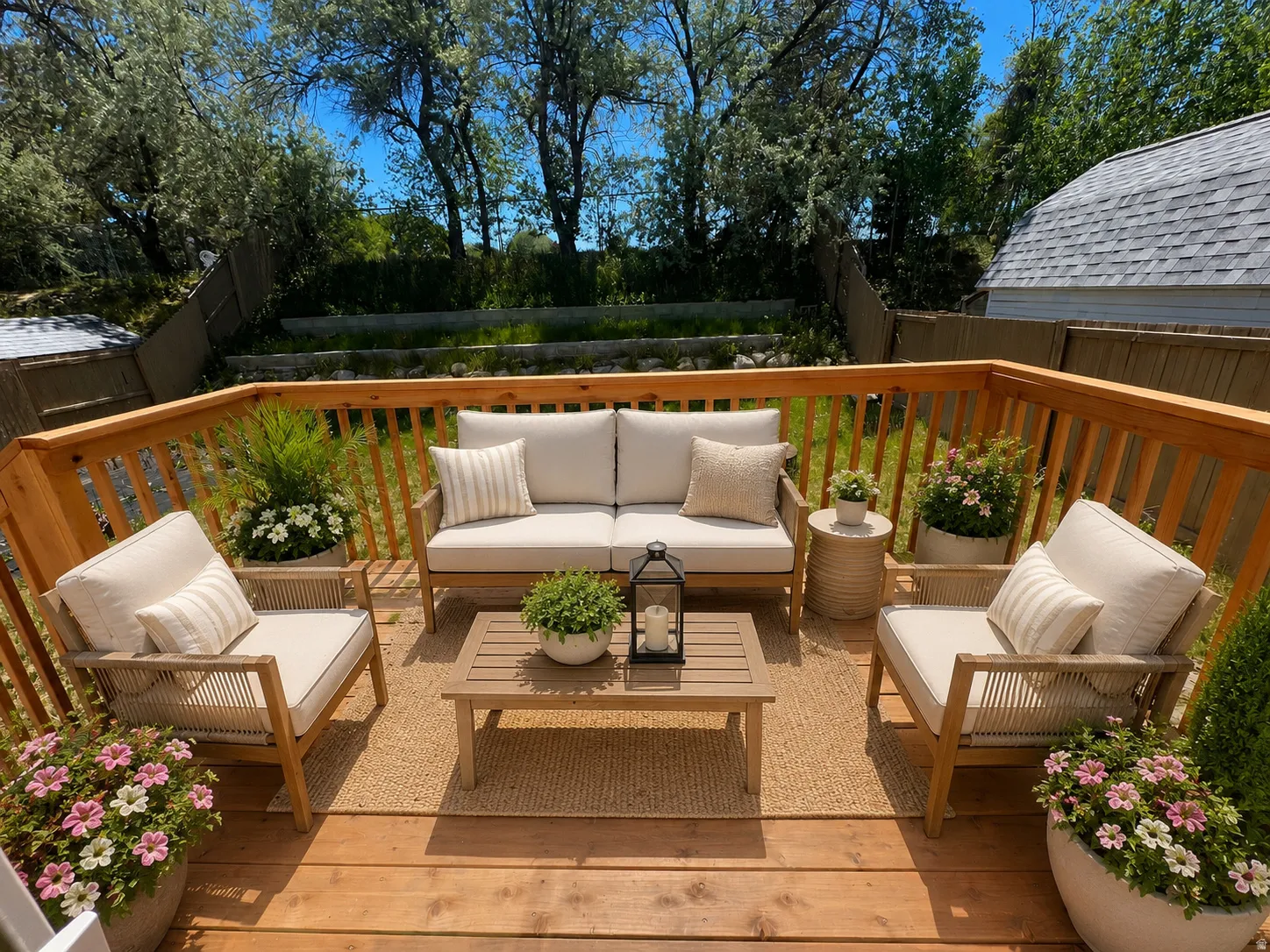 Spacious wooden deck featuring a natural wood railing, ample outdoor living space, and a backdrop of mature trees--virtually staged