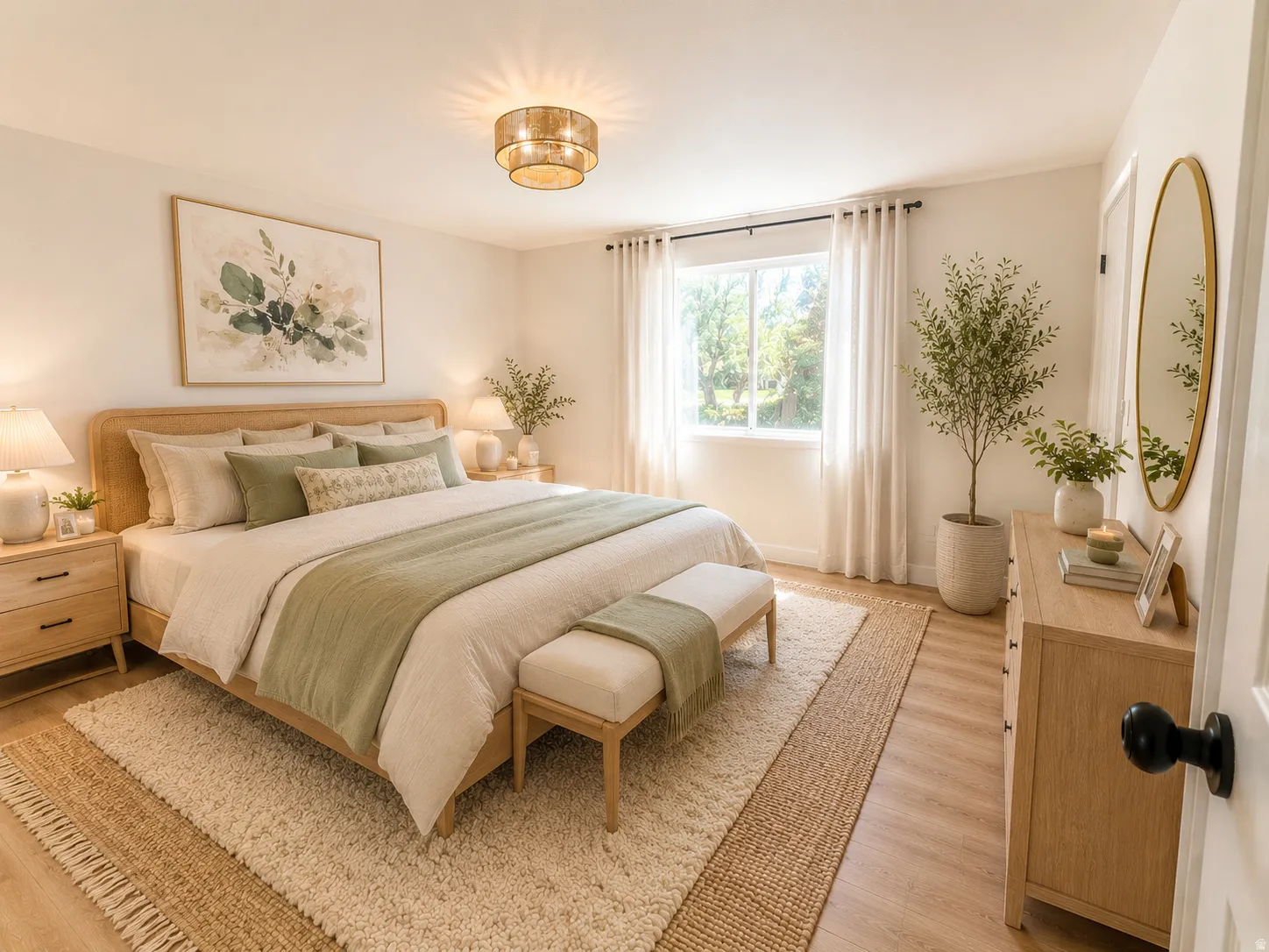 Primary Bedroom featuring wood-finish flooring, a contemporary ceiling light fixture, and a large window with white drapery--virtually staged