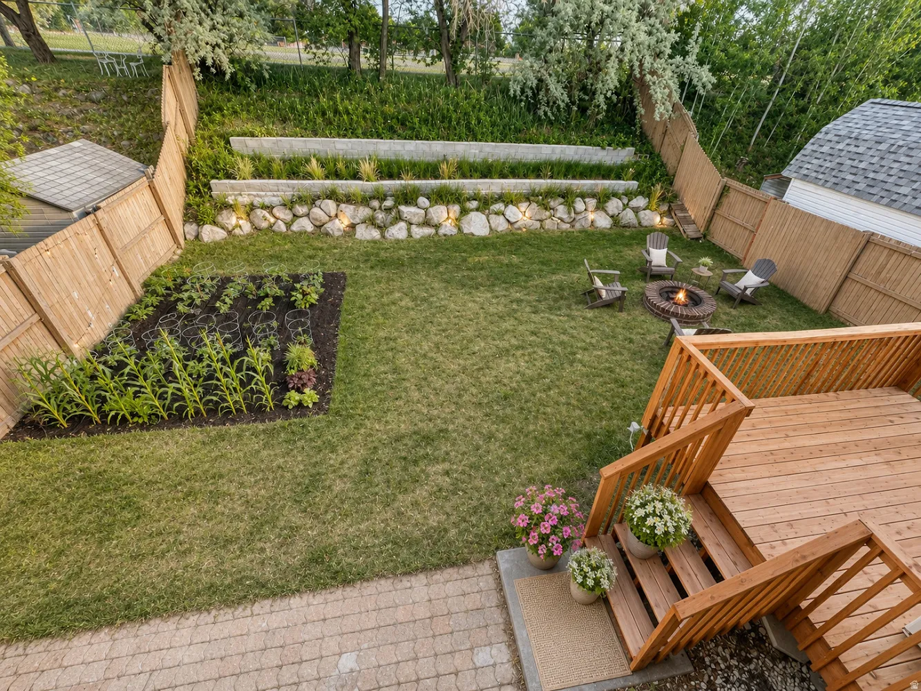 Expansive backyard featuring a wooden deck, paver patio, fire pit, garden spot and manicured lawn--virtually staged
