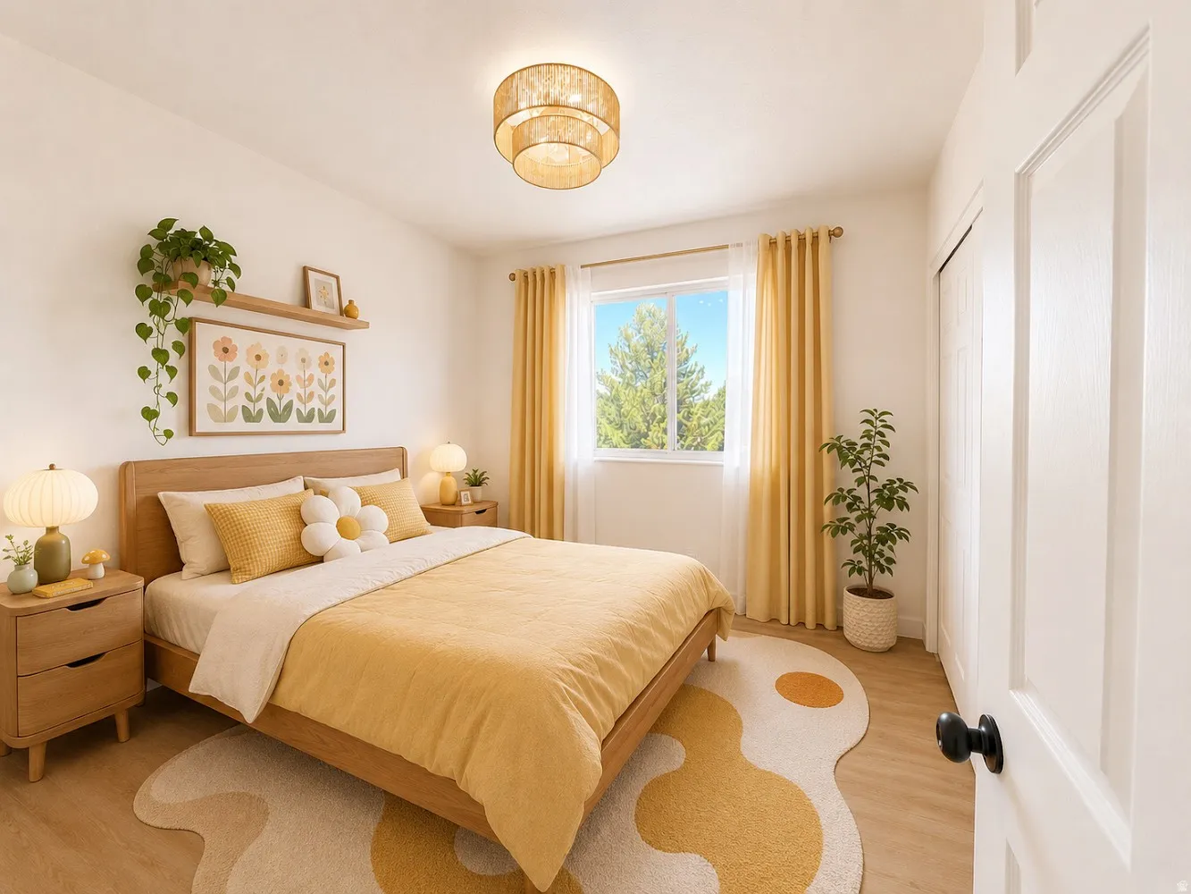 Bedroom 3 featuring light wood-finish flooring, a bright window with yellow curtains, a ceiling-mounted light fixture, and white bi-fold closet doors--virtually staged.