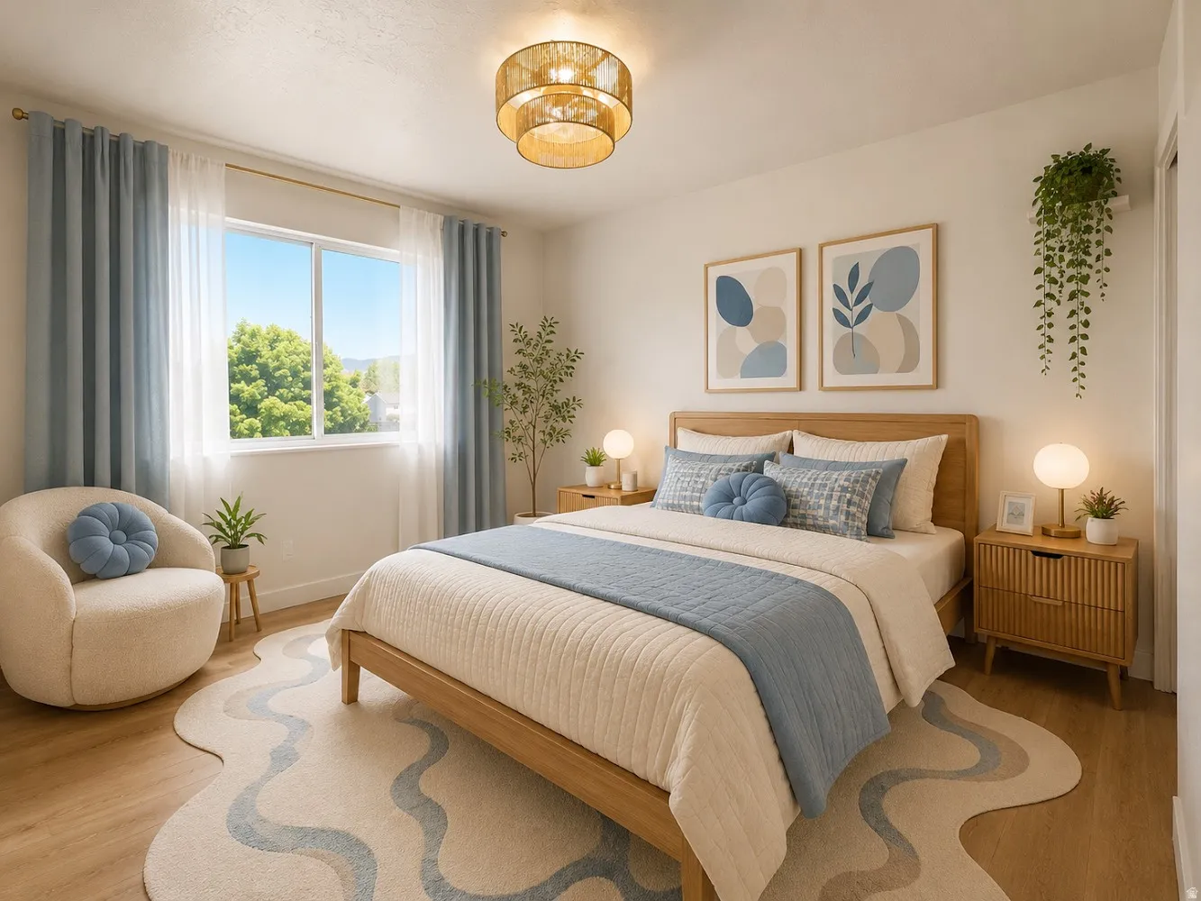 Bedroom 2 featuring wood-finish flooring, a contemporary ceiling light fixture, and a large window--virtually staged