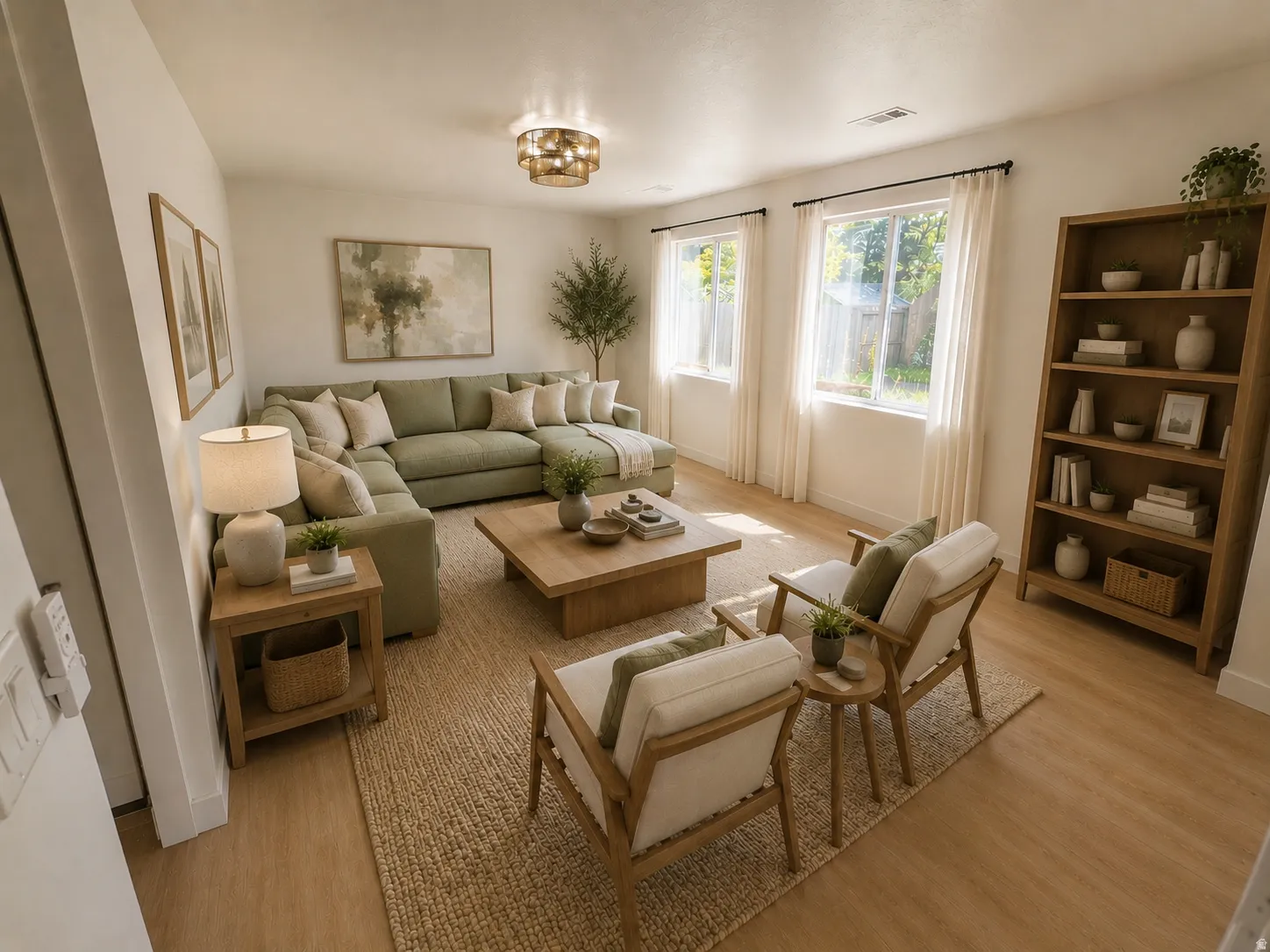 Bright Family Room with light wood-finish flooring and a textured area rug--virtually staged