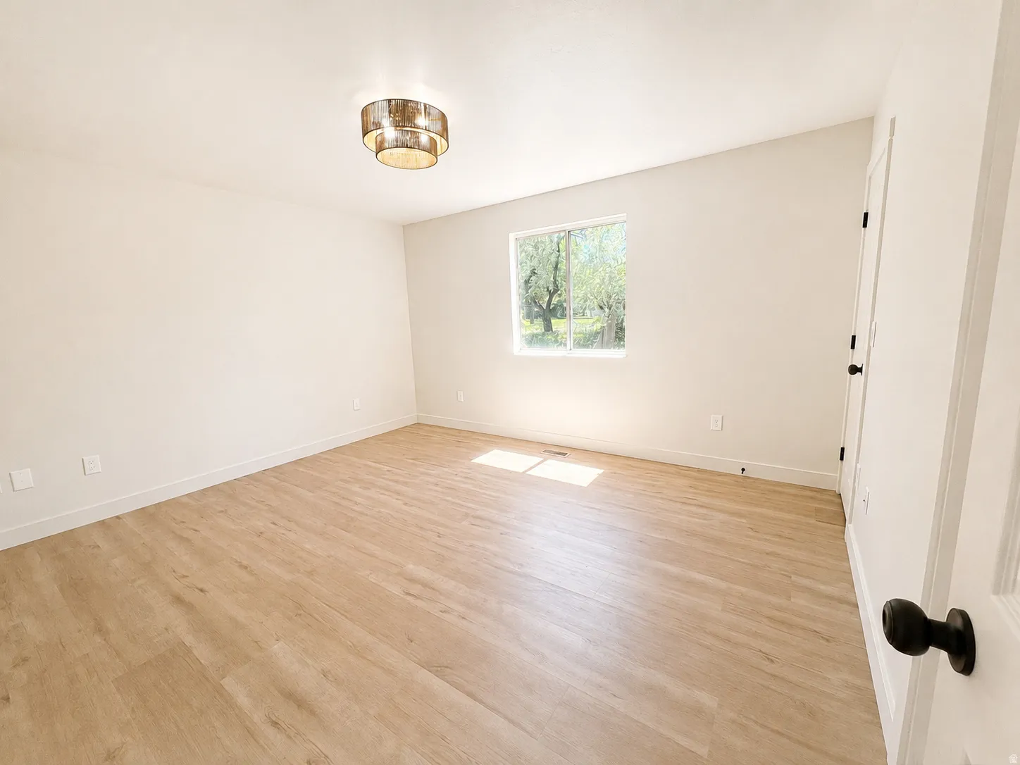Primary Bedroom featuring wood-finish flooring, white baseboards, a window with exterior tree scenery, a contemporary flush-mount ceiling light fixture, and a solid interior door with matte black hardware