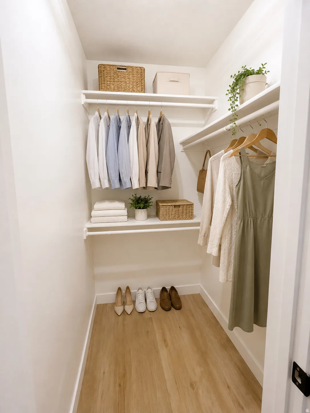Primary Bedroom walk-in closet featuring wood-finish flooring, white walls, and multiple white shelving units--virtually staged